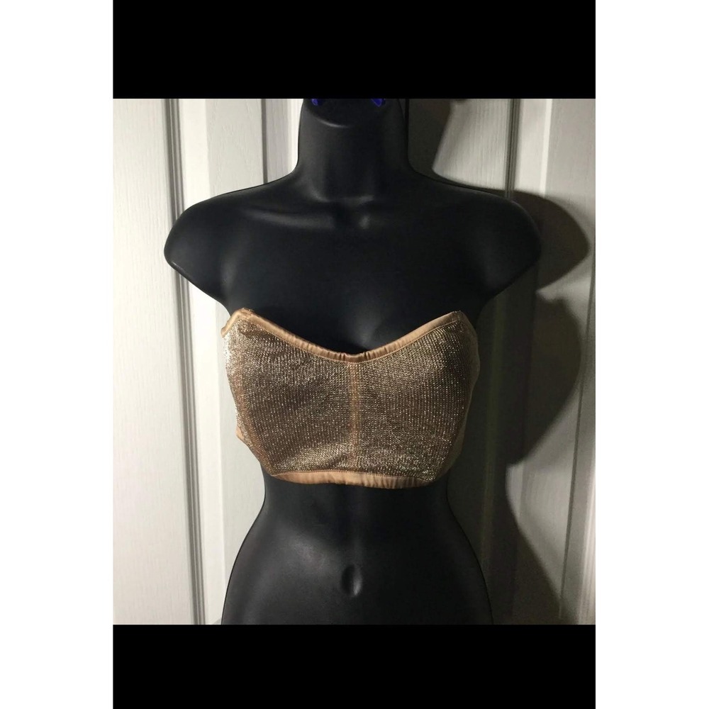 Victorias Secret Gold Metallic Mesh Strapless Bustier Crop Top XL Adjustable